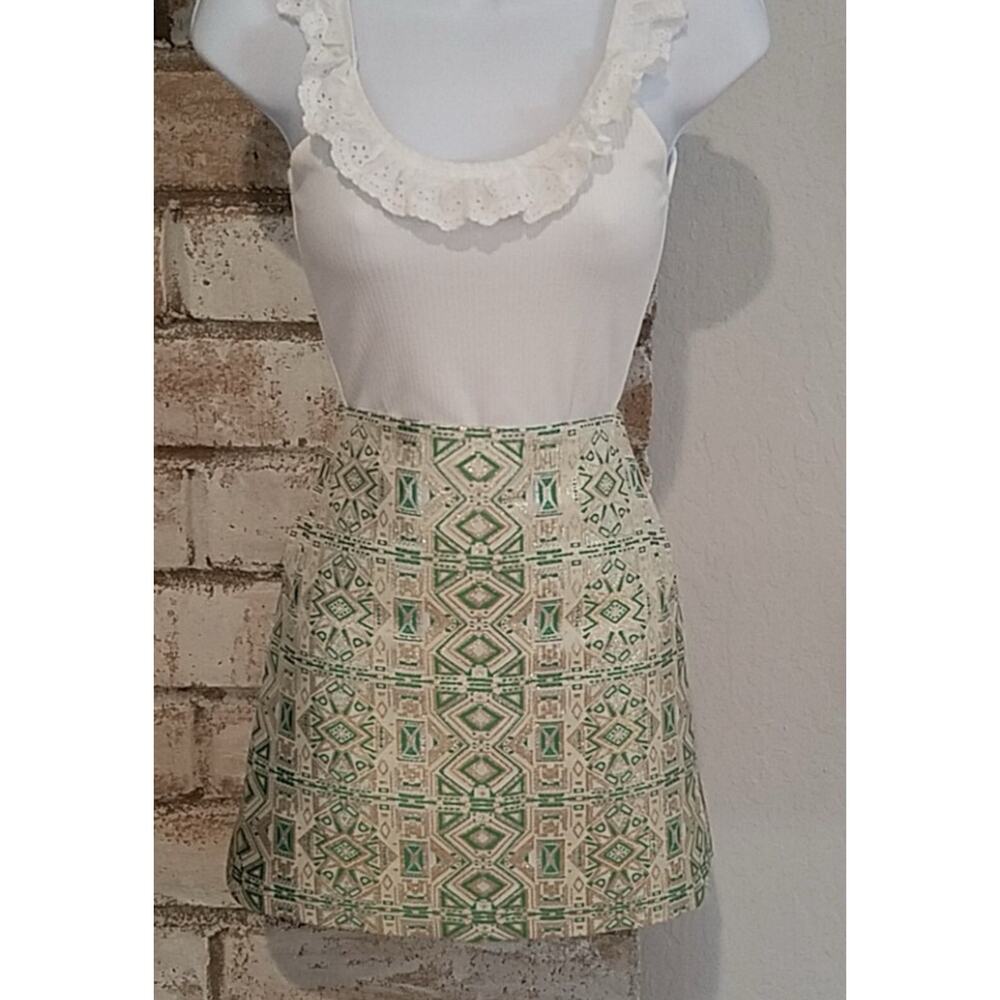 J. CREW Green Gold Metallic Party Skirt Mini Jacquard Skirt 12 Pockets